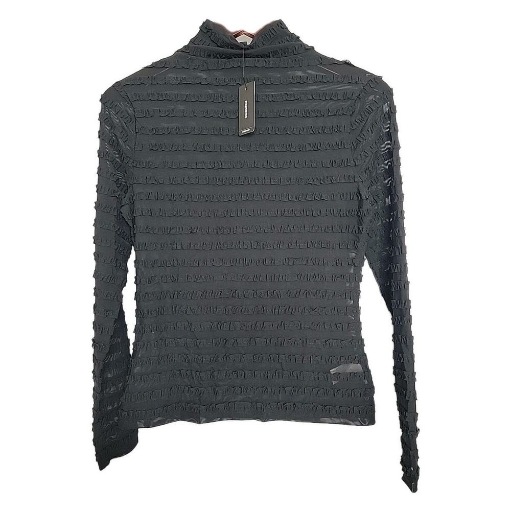 EXPRESS‎ Women’s Sheer Mesh Ruffle Top Black Long Sleeve Size Medium NWT